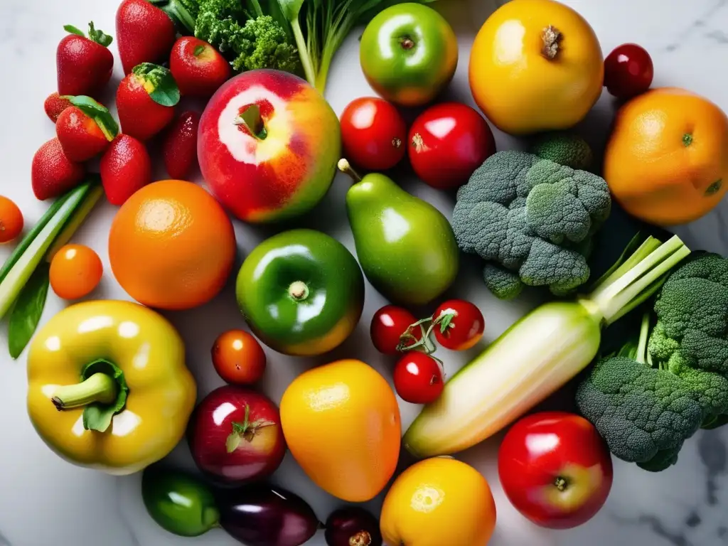 Una exquisita combinación de frutas y verduras frescas en un hermoso patrón circular sobre una encimera de mármol blanco. <b>La luz natural resalta los colores vibrantes y las texturas únicas de cada alimento, creando una presentación visualmente impresionante.</b> Las gotas de agua añaden un to