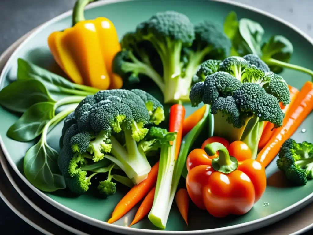 Una exquisita combinación de verduras frescas y coloridas en un plato, ideal para una dieta cetogénica control epilepsia perspectiva bioquímica.