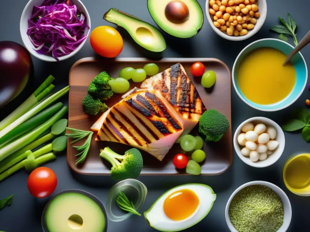 Una exquisita comida cetogénica equilibrada en una mesa moderna, resaltando los colores y texturas de los alimentos.