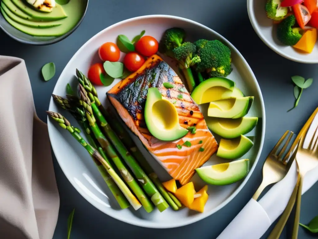 Una exquisita comida cetogénica con salmón, aguacate, espárragos y verduras, muestra la adaptación gastronomía mundial dieta cetogénica.