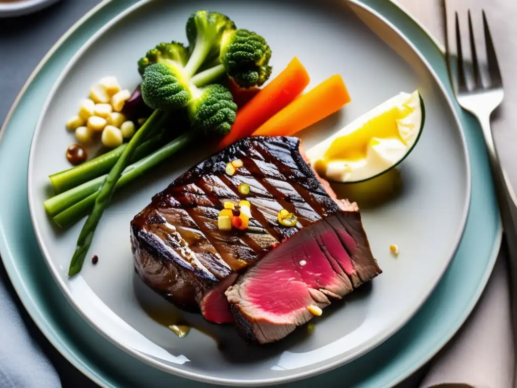 Una exquisita comida cetogénica gourmet asequible: jugoso filete a la sous vide con mantequilla de hierbas y vegetales asados.