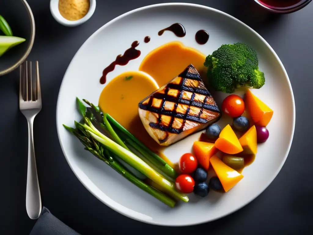 Una exquisita comida cetogénica sin lácteos: coloridas verduras, proteína a la parrilla y una salsa sabrosa, presentada con elegancia en un plato blanco.