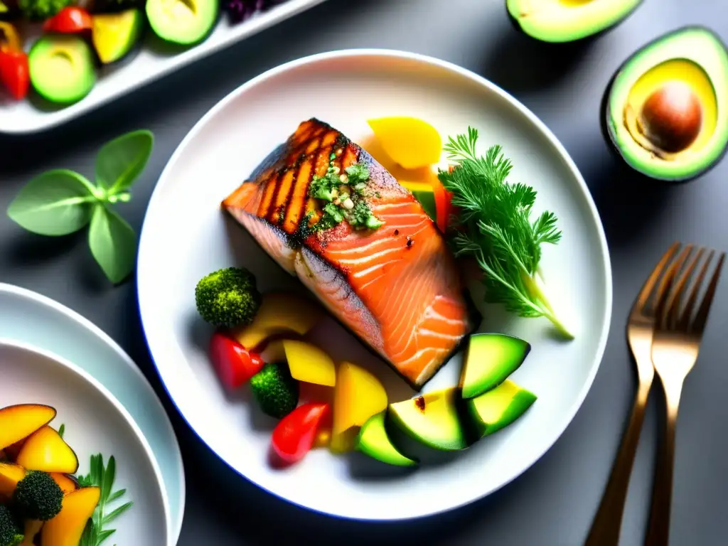 Una exquisita comida cetogénica con salmón a la parrilla, aguacate, verduras asadas y hierbas frescas, servida en un elegante plato blanco minimalista. <b>Los colores vibrantes de la comida resaltan sobre el fondo contemporáneo, creando un festín visual tentador.</b> La il