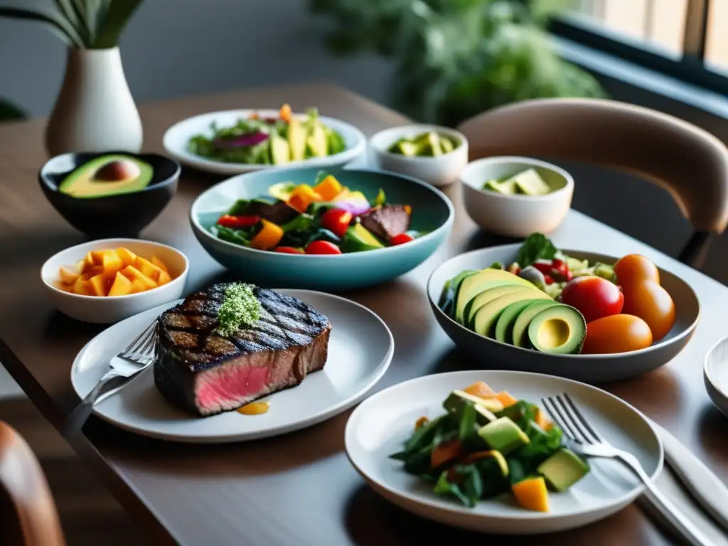 Una exquisita comida cetogénica con pérdida de peso sostenible, presentada con elegancia en una mesa moderna y luminosa.