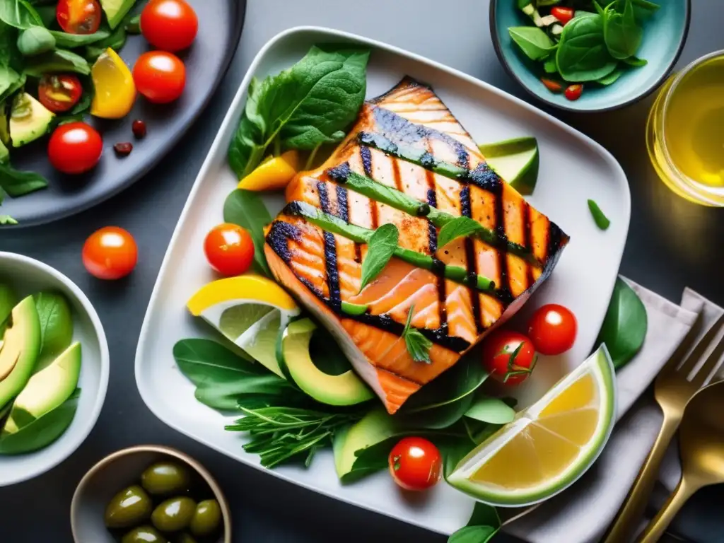 Una exquisita comida cetogénica y saludable con salmón a la parrilla, ensalada fresca, verduras asadas y agua con cítricos y menta.