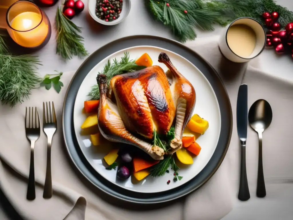 Una exquisita comida festiva amigable con la dieta cetogénica: pavo asado, verduras al horno y puré de coliflor, en un ambiente cálido y elegante.