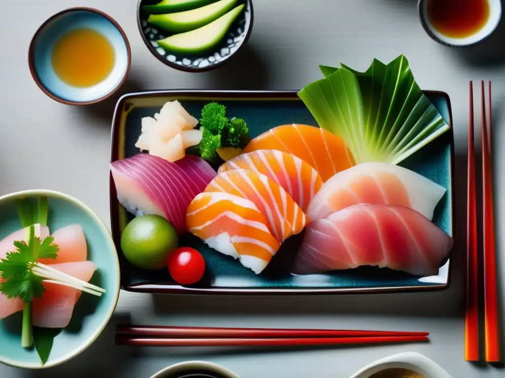 Una exquisita comida japonesa cetogénica, con sashimi, vegetales frescos y vajilla elegante, resalta en un entorno tradicional.