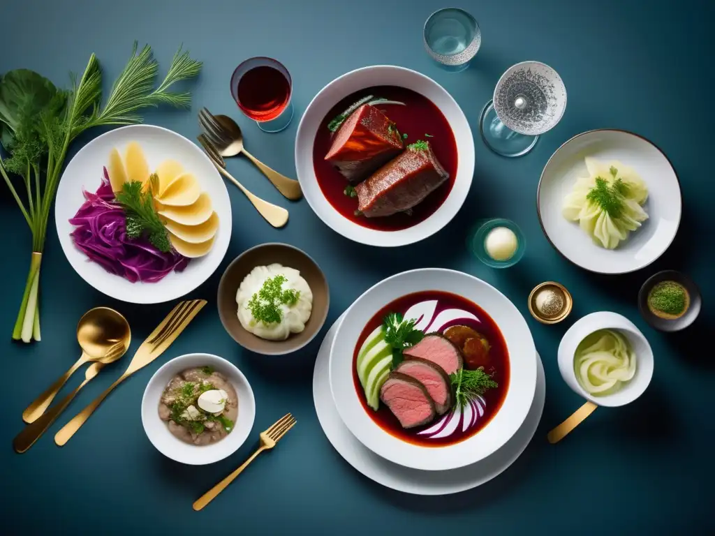 Exquisita comida rusa keto en mesa moderna Una exquisita comida rusa en dieta cetogénica: borscht, stroganoff y rollos de col, presentados con elegancia en vajilla moderna.