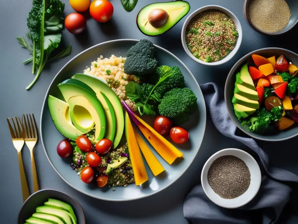 Deliciosa comida vegetariana keto en plato cerámico Una exquisita comida vegetariana keto con vegetales asados, aguacate, ensalada de quinoa y kale, y semillas de chía, presentada en un elegante plato cerámico.</b> La luz natural realza los colores y texturas, resaltando la frescura y salud de la dieta cetogénica vegetarian