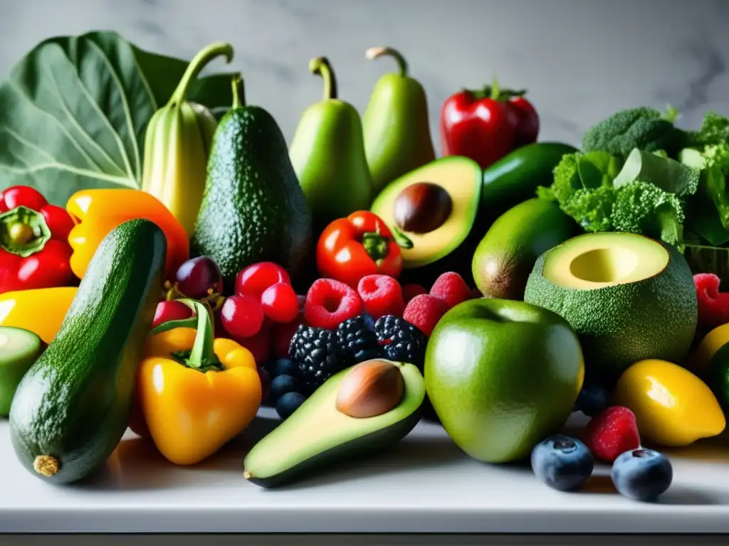 Una exquisita comparativa dietas bajas carbohidratos con vibrantes vegetales y frutas en una cocina moderna.