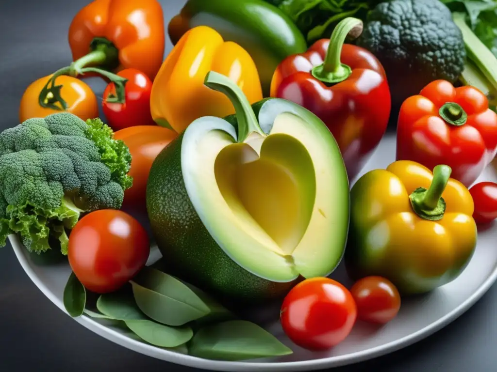 Una exquisita composición de vegetales frescos y coloridos, iluminados suavemente, evocando la vitalidad de una dieta cetogénica para la piel.