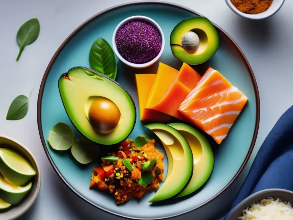 Una exquisita creación de cocina cetogénica multicultural innovadora, con ingredientes coloridos y una presentación artística.