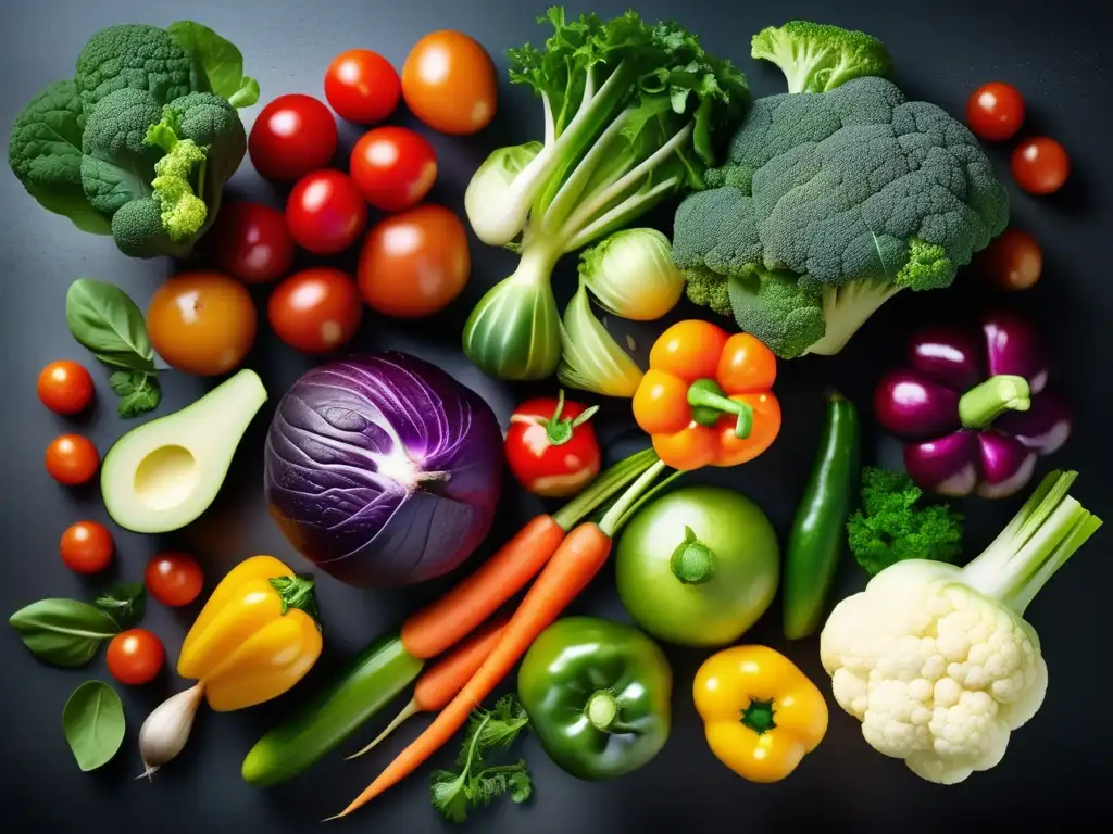 Una exquisita y detallada imagen de vegetales frescos y coloridos, dispuestos de manera visualmente impactante y apetitosa. Muestra la belleza y variedad de alimentos naturales para la prevención genética de enfermedades en una dieta cetogénica.