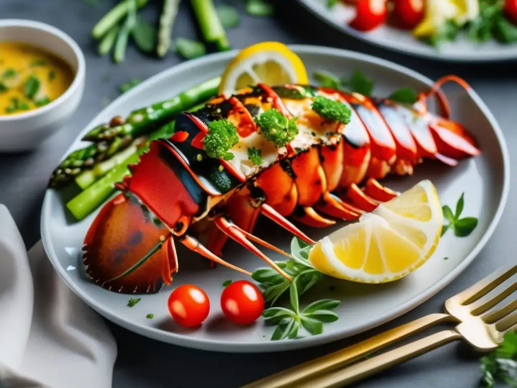 Una exquisita y detallada langosta estilo keto, acompañada de coloridos platillos bajos en carbohidratos, en un elegante plato blanco.