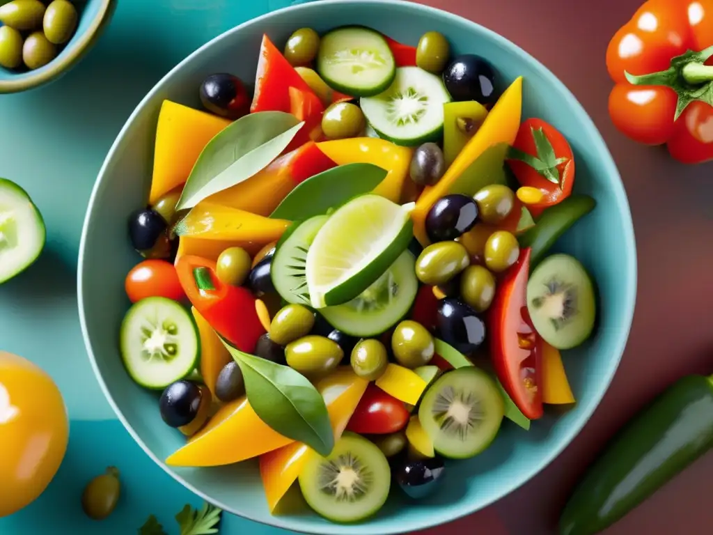 Una exquisita ensalada marroquí llena de color y frescura, con tomates maduros, pepinos crujientes, pimientos brillantes y aceitunas jugosas, todo aliñado con una vinagreta fragante. Los ingredientes se disponen artísticamente en un patrón decorativo, creando una exhib