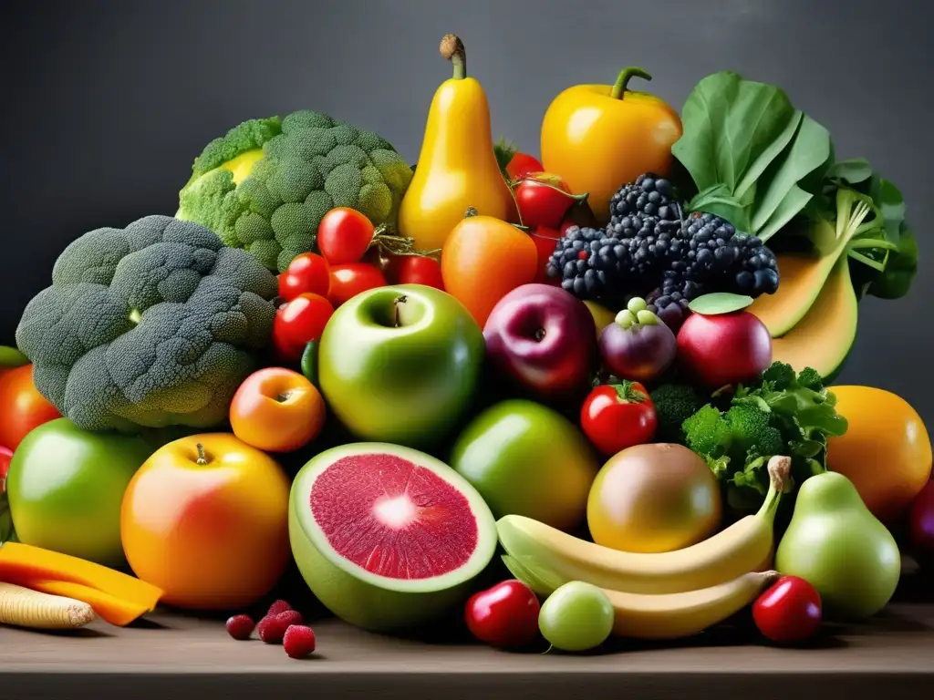 Una exquisita exhibición de frutas y verduras frescas y coloridas, perfectamente organizadas en una composición visualmente impactante. <b>La variedad y belleza natural de las fuentes de carbohidratos vegetales se destacan con claridad impresionante.</b> ¡Explora el mundo de la periodización de carbohidratos