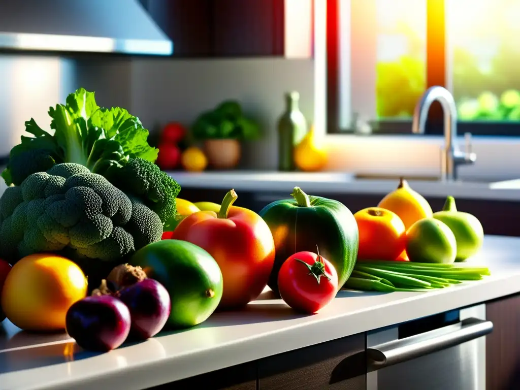 Una exquisita exhibición de frutas y verduras frescas, iluminadas por el sol, lista para mejorar tu paladar con una dieta cetogénica.