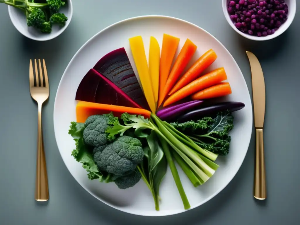 Una exquisita exhibición de vegetales coloridos y frescos en un plato blanco, perfecta para estrategias estancamiento menús cetogénicos.