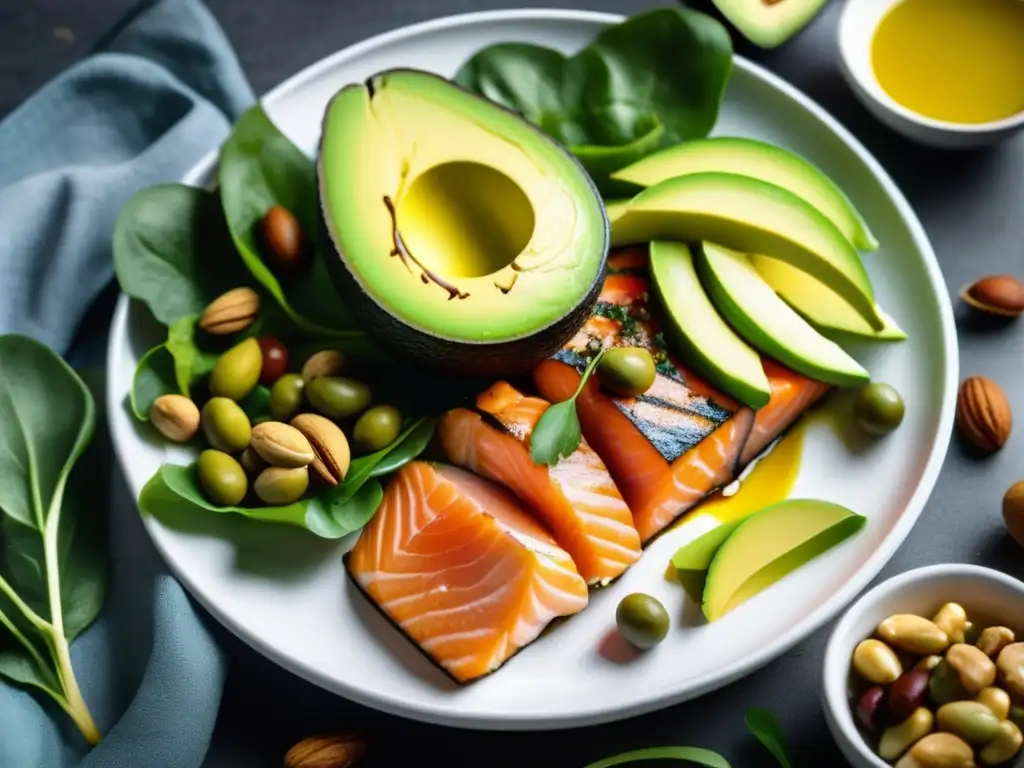 Una exquisita mezcla de alimentos cetogénicos frescos y coloridos cuidadosamente dispuestos en un plato. La imagen resalta la diversidad y la naturaleza saludable de la dieta cetogénica, mostrando una variedad de opciones ricas en ácidos grasos.