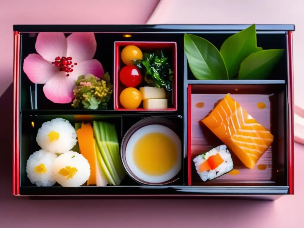 Una exquisita presentación de alimentos cetogénicos por país en un tradicional bento japonés con sashimi, tamagoyaki y ensalada de algas.