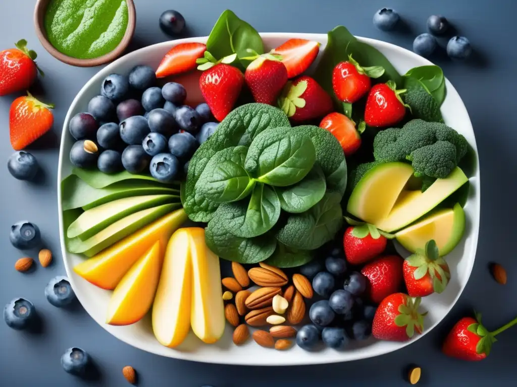 Una exquisita presentación de alimentos cetogénicos antioxidantes para la piel, con una paleta de colores vibrantes y frescura natural.