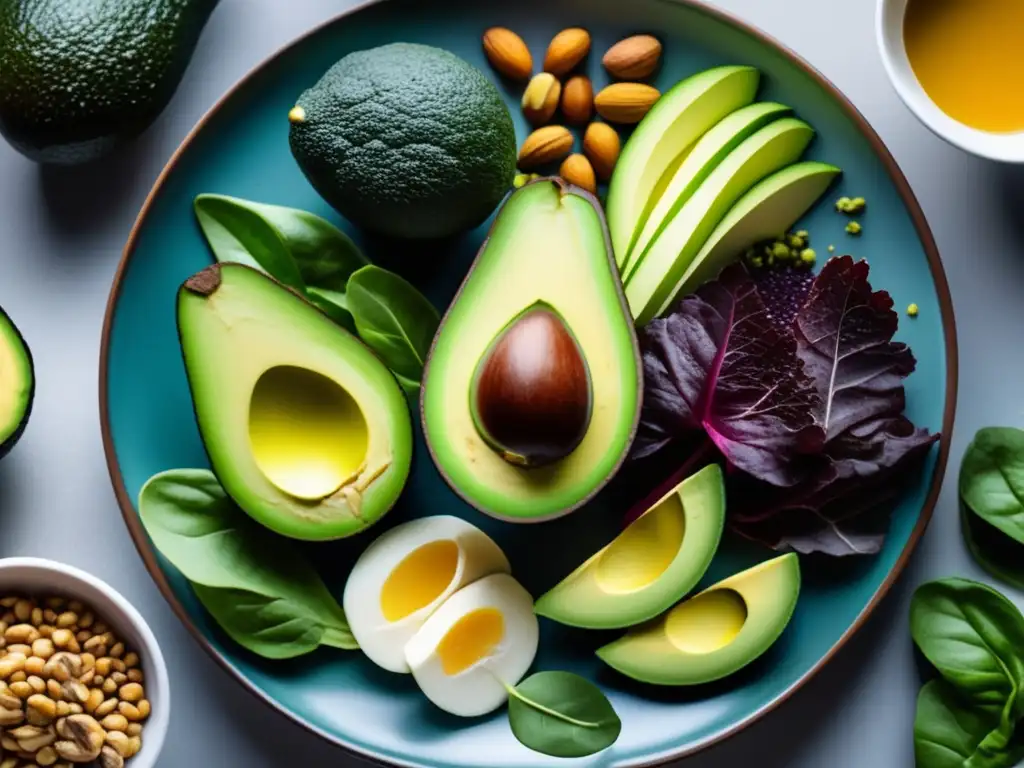 Una exquisita presentación de alimentos cetogénicos beneficiosos para la salud digestiva, con colores vibrantes y texturas detalladas.