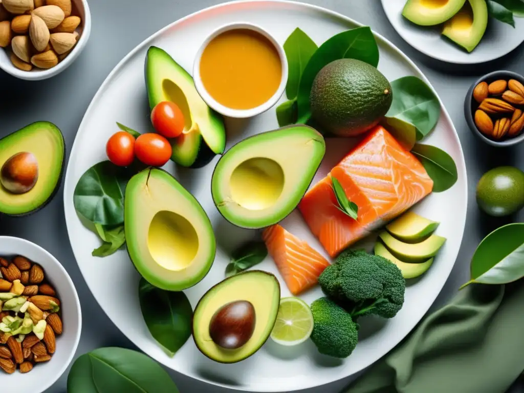 Una exquisita presentación de alimentos cetogénicos, con colores vibrantes que realzan su impacto positivo en la dieta cetogénica.