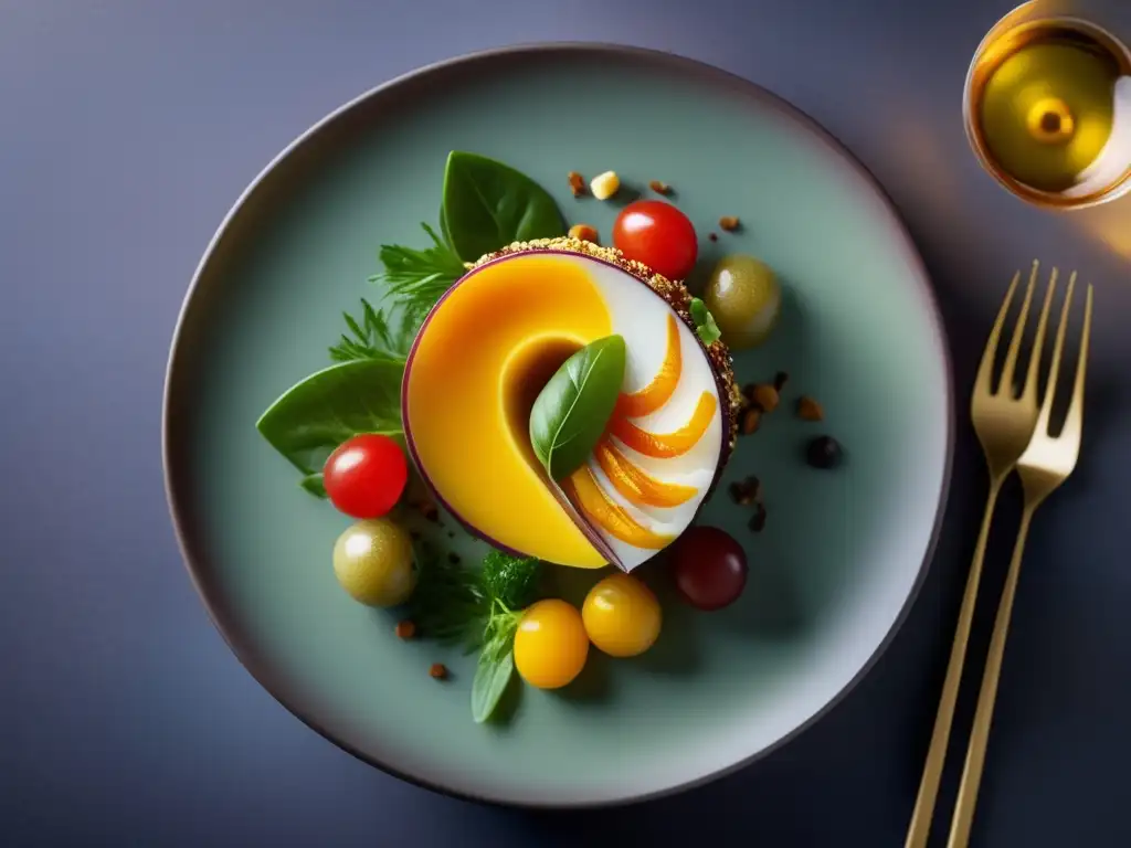 Una exquisita receta internacional de dieta cetogénica, presentada con colores vibrantes y texturas variadas en un elegante plato moderno.