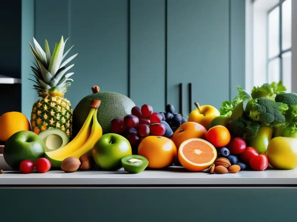 Una exquisita selección de alimentos estrella para dieta cetogénica, organizados en un elegante mostrador de cocina moderna.