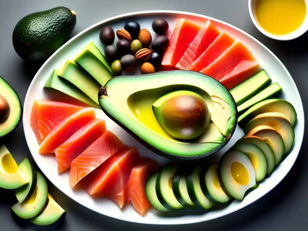 Una exquisita selección de alimentos ricos en grasas saludables, como aguacate, nueces, salmón y aceite de oliva, dispuestos de forma artística en una elegante bandeja. La combinación de colores y texturas crea un atractivo visual, resaltando la belleza natural de cada ingred