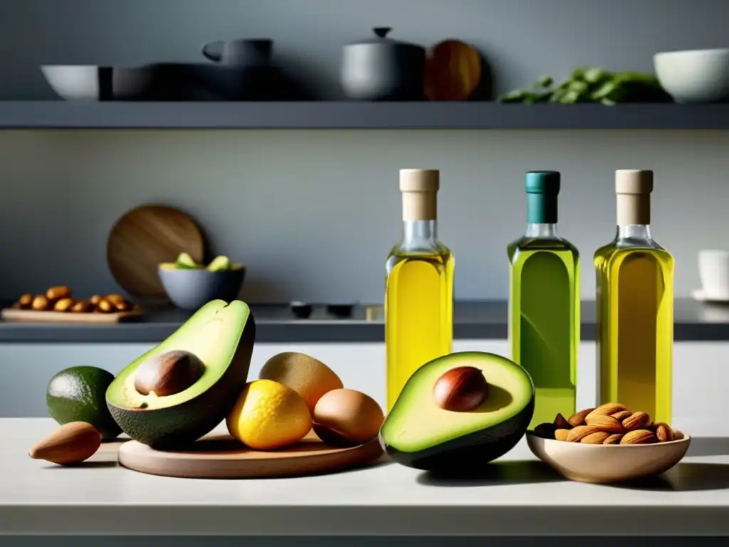 Una exquisita selección de alimentos saludables y coloridos, como aguacates, nueces, salmón y aceite de oliva, dispuestos en una elegante encimera de cocina moderna. <b>La imagen transmite frescura y arte culinario, iluminada por la suave luz natural.</b> Perfecta para recetas de