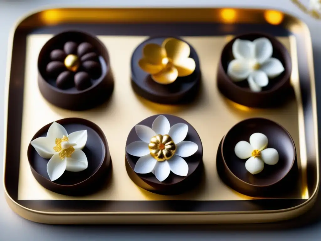 Una exquisita selección de chocolates oscuros artesanales, decorados con elegancia y perfectos para la dieta cetogénica.