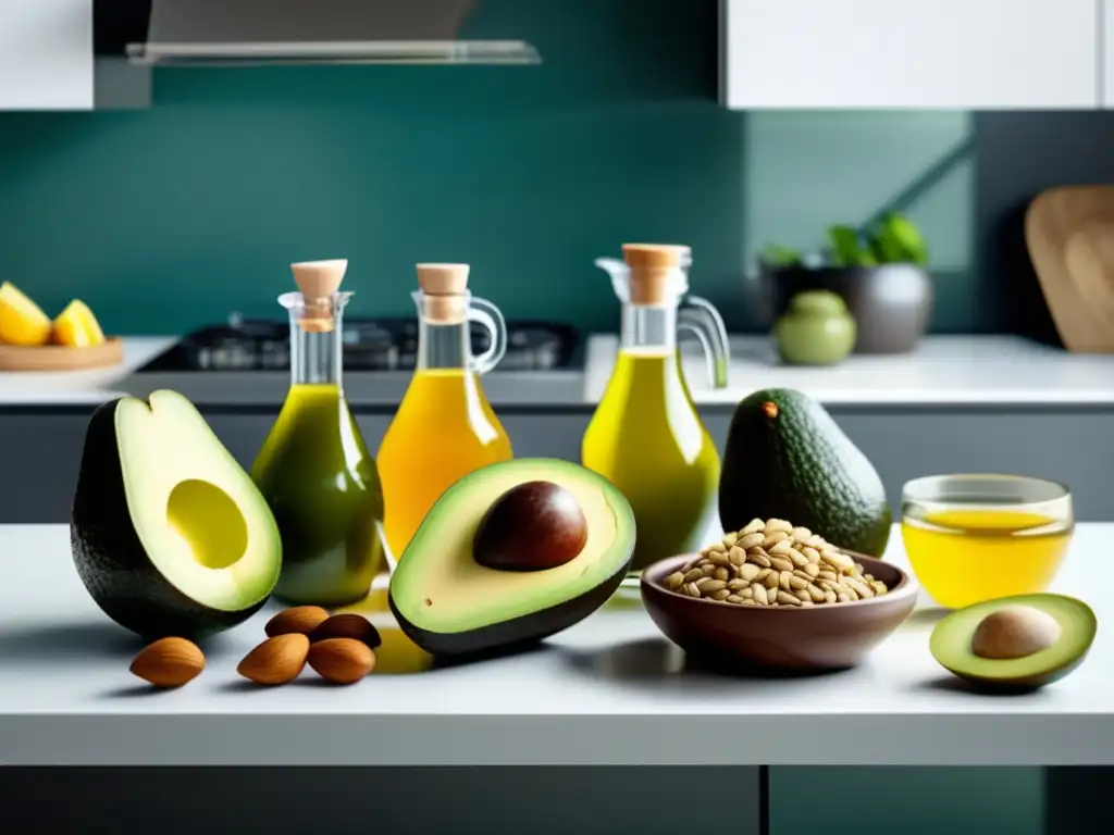 Una exquisita selección de grasas saludables en la dieta cetogénica, destacando la variedad de sabores, texturas y colores.