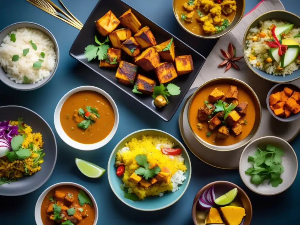 Una exquisita selección de platos vegetarianos hindúes para la dieta cetogénica, presentados con elegancia y colores vibrantes.