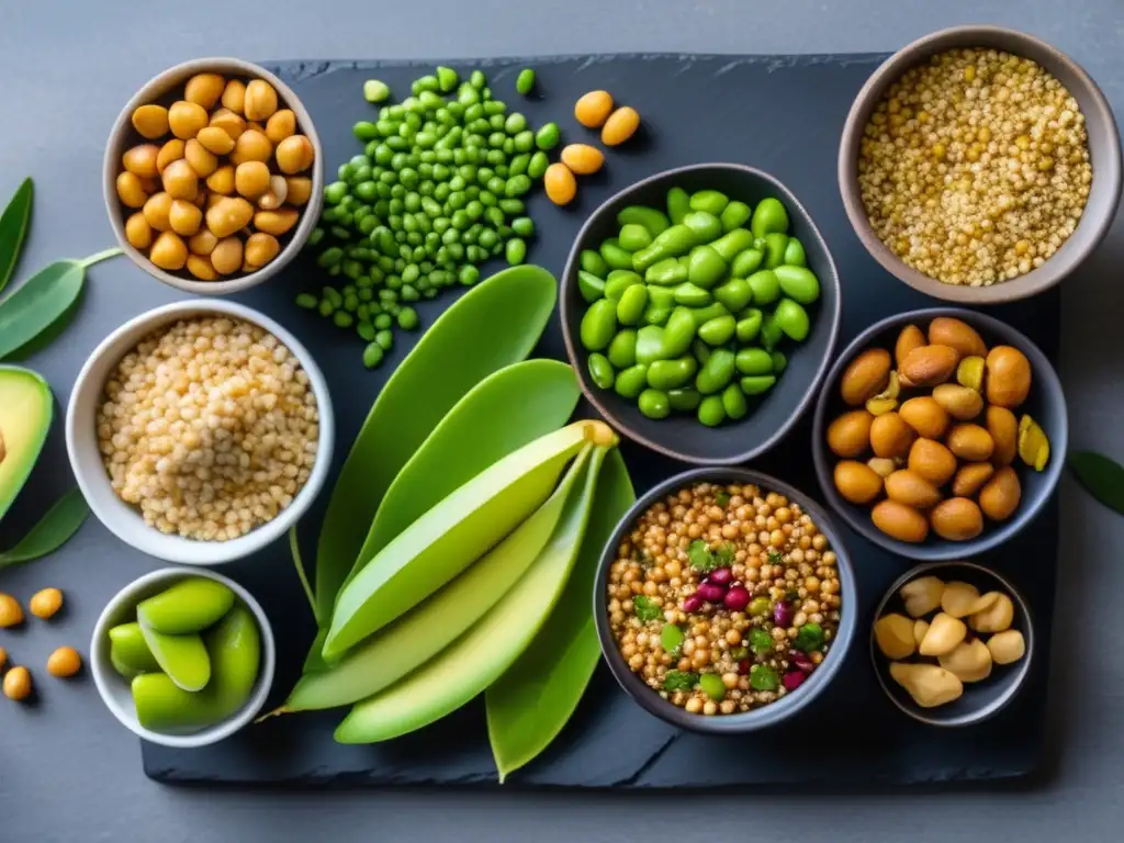 Una exquisita selección de proteínas vegetales en cetosis, meticulosamente dispuestas en una elegante bandeja de pizarra.