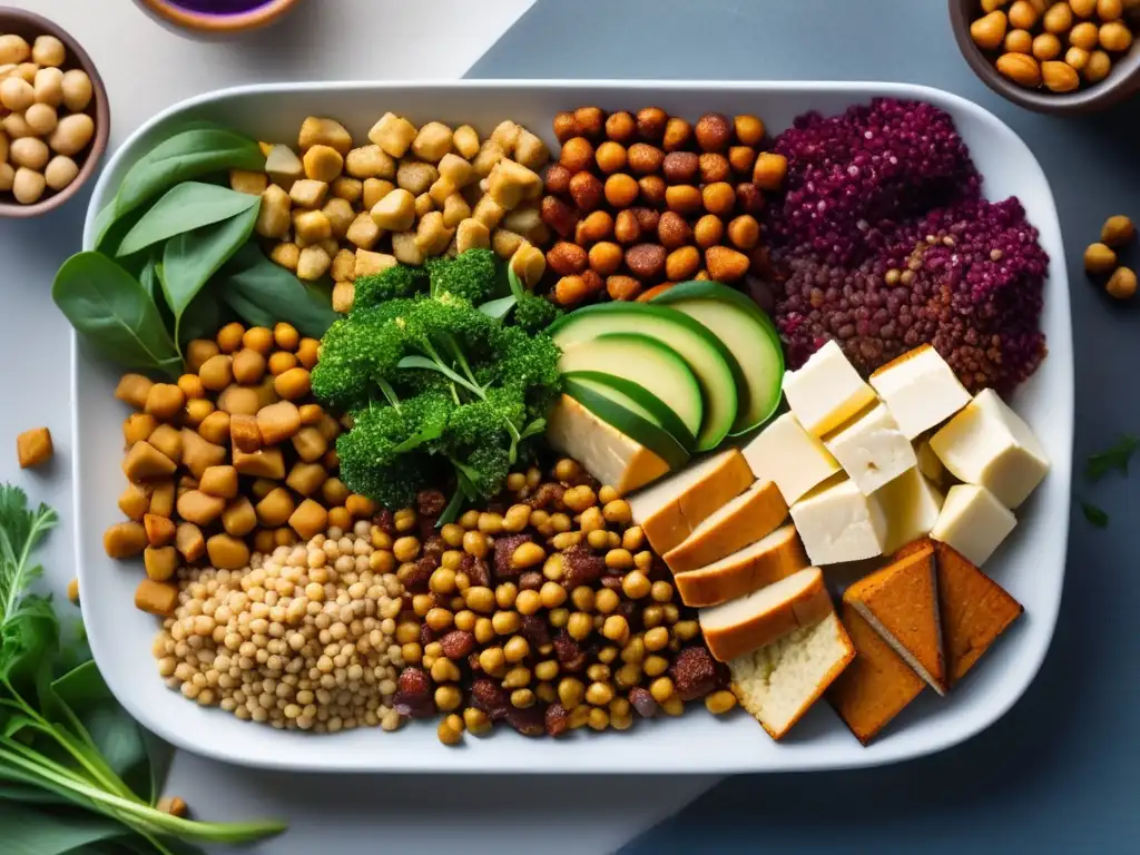 Una exquisita selección de proteínas vegetales en una presentación colorida y apetitosa. Perfecta para una dieta cetogénica vegetariana.