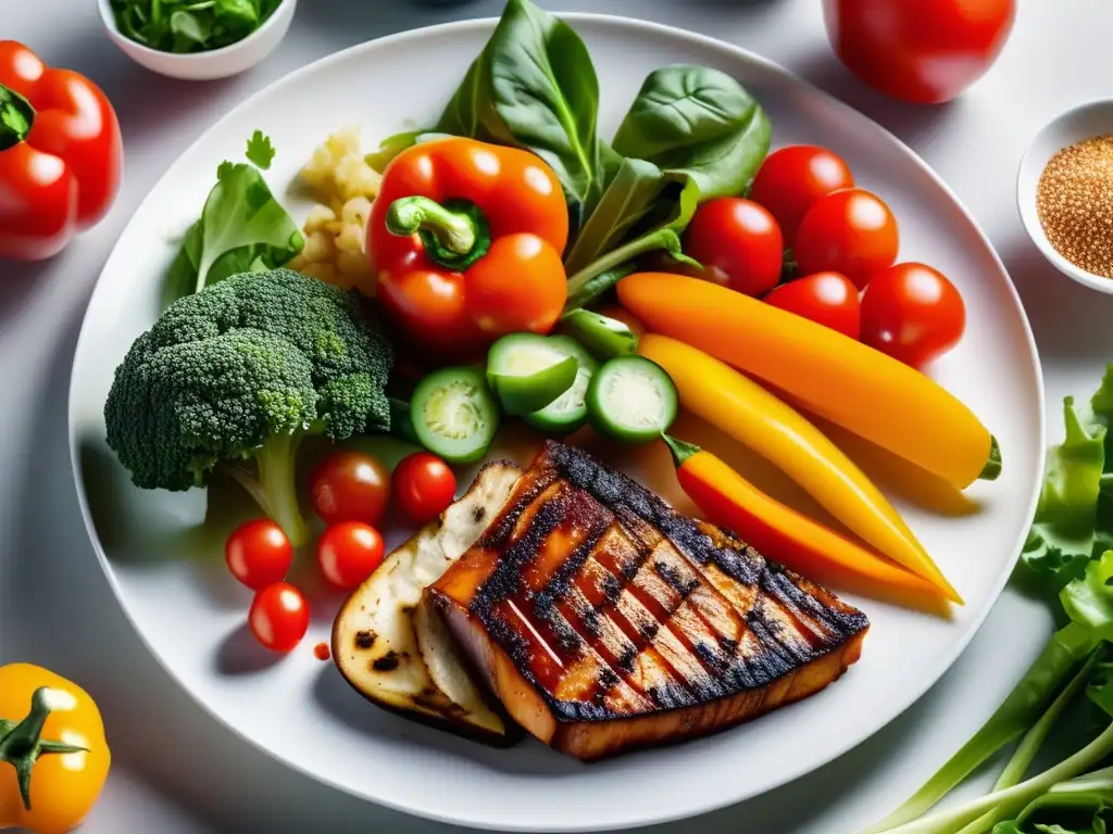 Una exquisita variedad de alimentos amigables para los riñones se exhiben en un elegante plato blanco, rodeado de vegetales coloridos y vibrantes.</b> Esta imagen es una delicia para la vista, invitando al espectador a explorar el mundo de la nutrición amigable para los riñones y la prevención