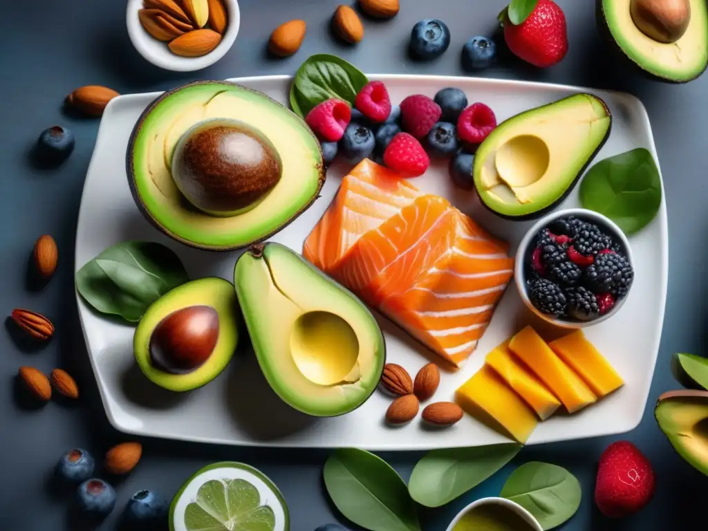 Una exquisita variedad de alimentos cetogénicos en un plato moderno, mostrando los beneficios de la dieta cetogénica para la salud mental.