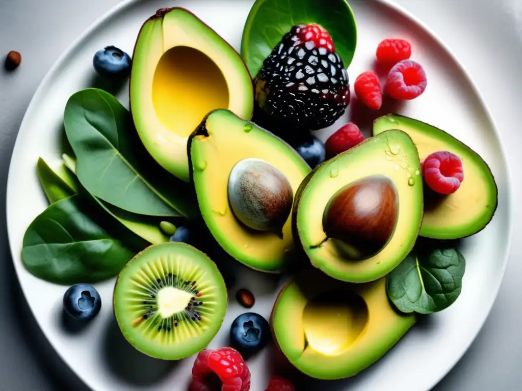 Una exquisita variedad de alimentos saludables y coloridos en un plato blanco, reflejando la esencia de una dieta cetogénica con cetonas exógenas.