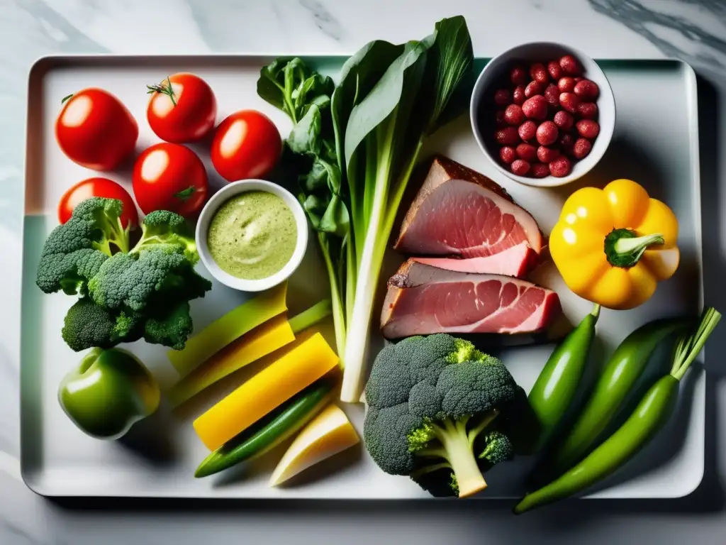 Una exquisita variedad de alimentos saludables y cetogénicos en una cocina moderna, irradiando frescura y beneficios dieta cetogénica.