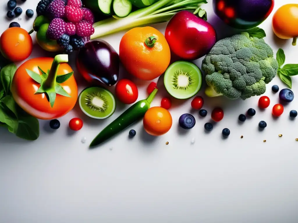 Una exquisita variedad de frutas y verduras frescas orgánicas, con colores vibrantes y texturas detalladas, sobre un fondo blanco minimalista con gotas de agua. Captura la esencia de la salud y la abundancia, perfecta para temas de legislación alimentaria y dieta cetogénica.