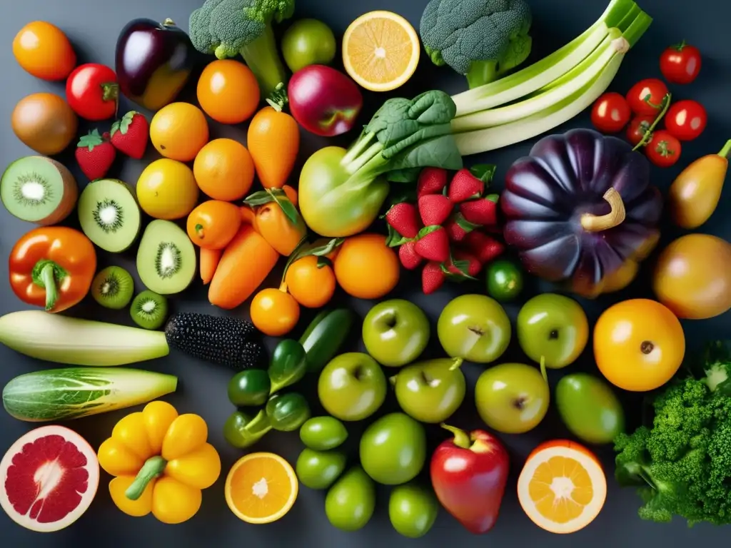 Una exquisita variedad de frutas y verduras en una cocina moderna, resaltando los beneficios de la dieta cetogénica y el ayuno intermitente.