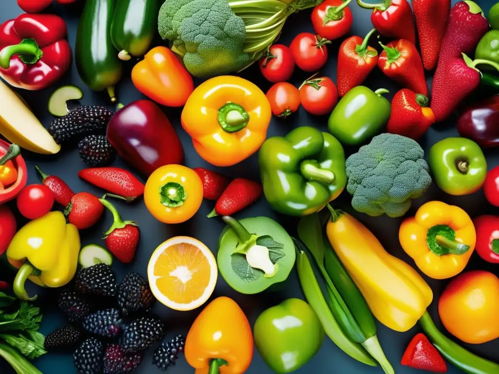 Una exquisita variedad de frutas y verduras frescas en un patrón vibrante y llamativo, ideal para una dieta cetogénica y control antojos.