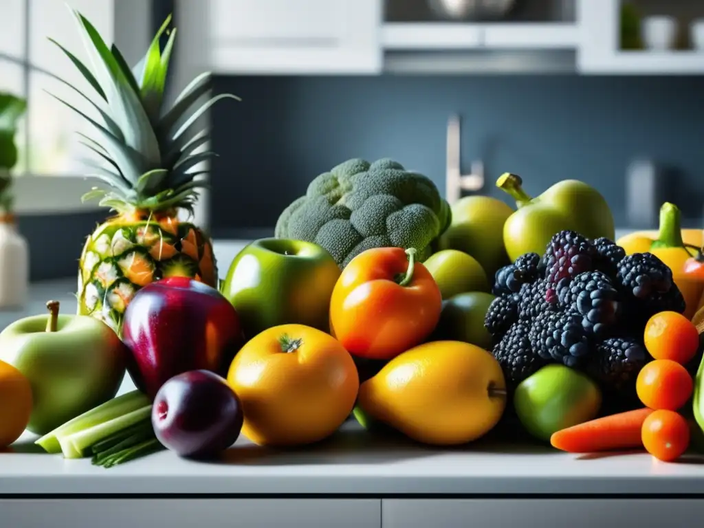 Una exquisita variedad de frutas y verduras frescas en una cocina moderna, iluminada por una suave luz natural. Ideal para una dieta cetogénica y trastornos alimenticios.