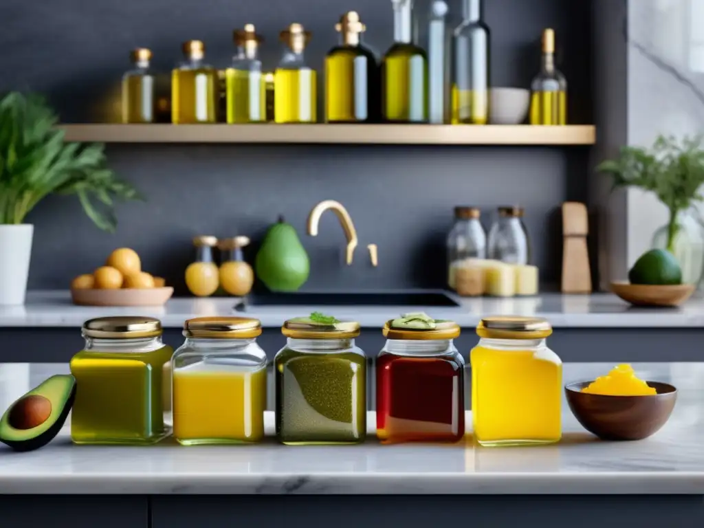 Una exquisita variedad de grasas animales y aceites vegetales en una elegante cocina, resaltando su impacto en la dieta cetogénica.