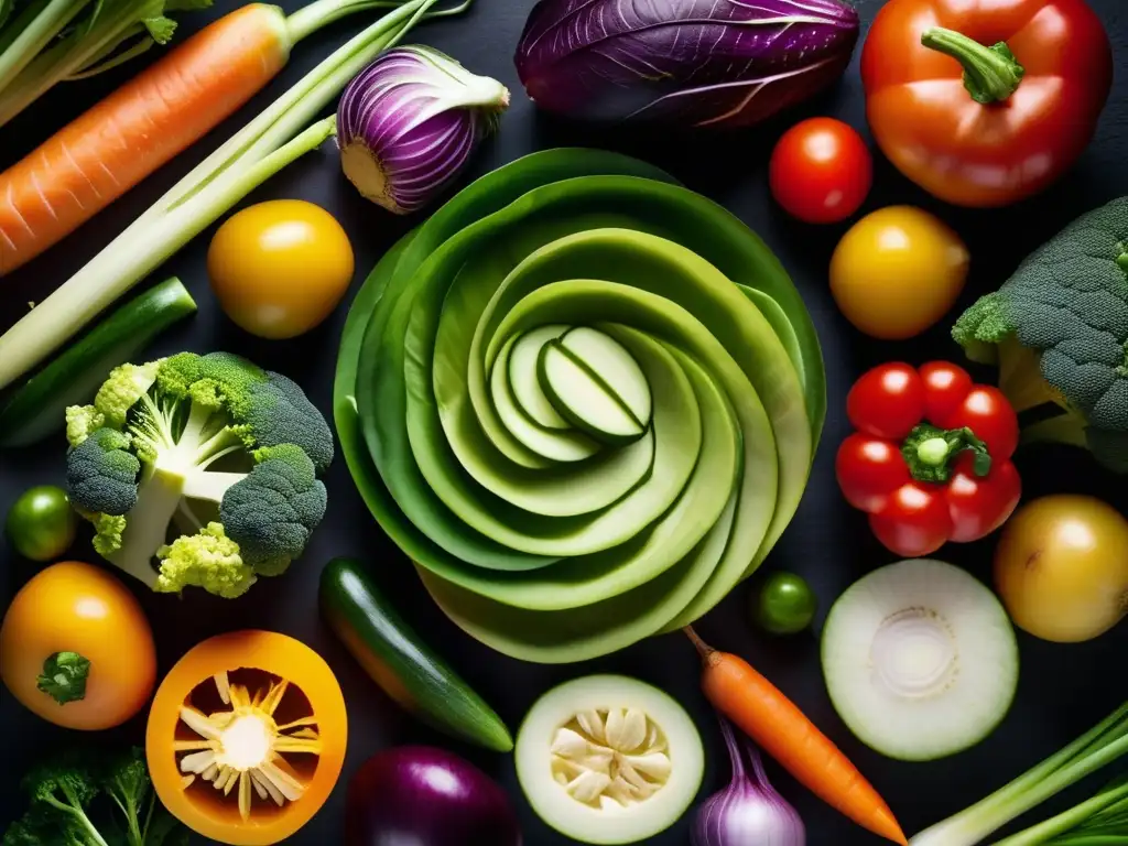 Una exquisita variedad de vegetales coloridos en un patrón circular sobre un fondo oscuro, resaltando la importancia de la fibra en cetosis.