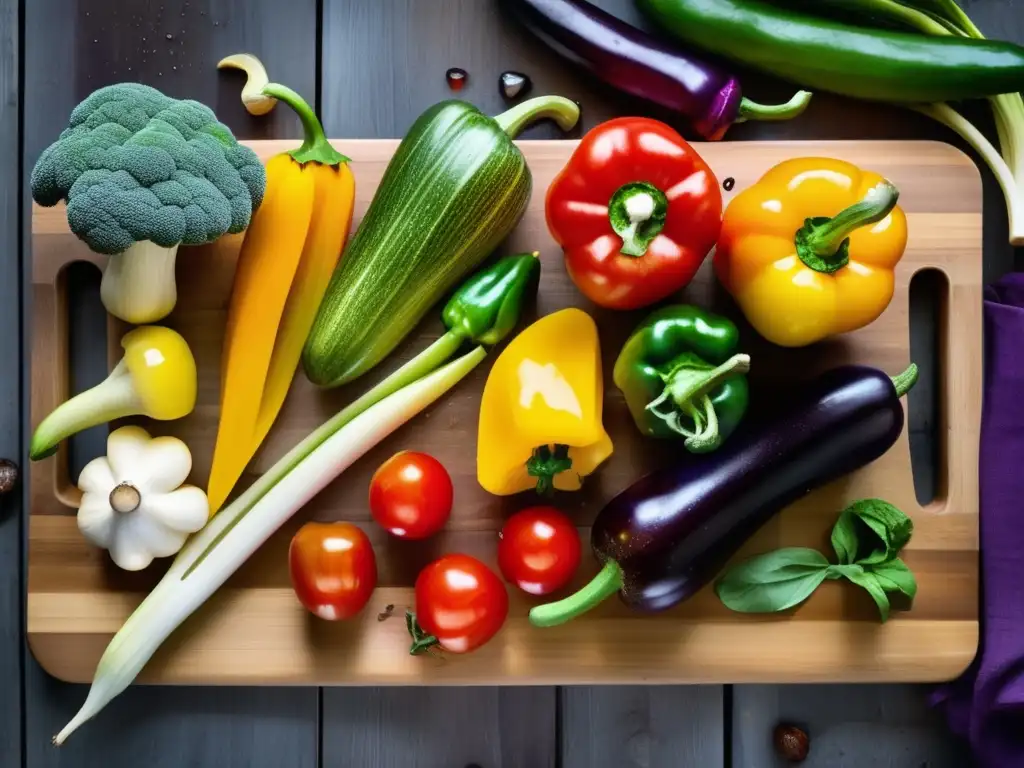 Una exquisita variedad de vegetales frescos y coloridos en un tablero de madera, con gotas de agua brillando. Los tonos vibrantes crean una escena vibrante y apetitosa, perfecta para la personalización dieta cetogénica necesidades específicas.