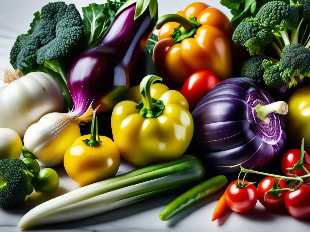 Una exquisita variedad de vegetales frescos y coloridos sobre un elegante mostrador de mármol blanco, evocando frescura y salud.