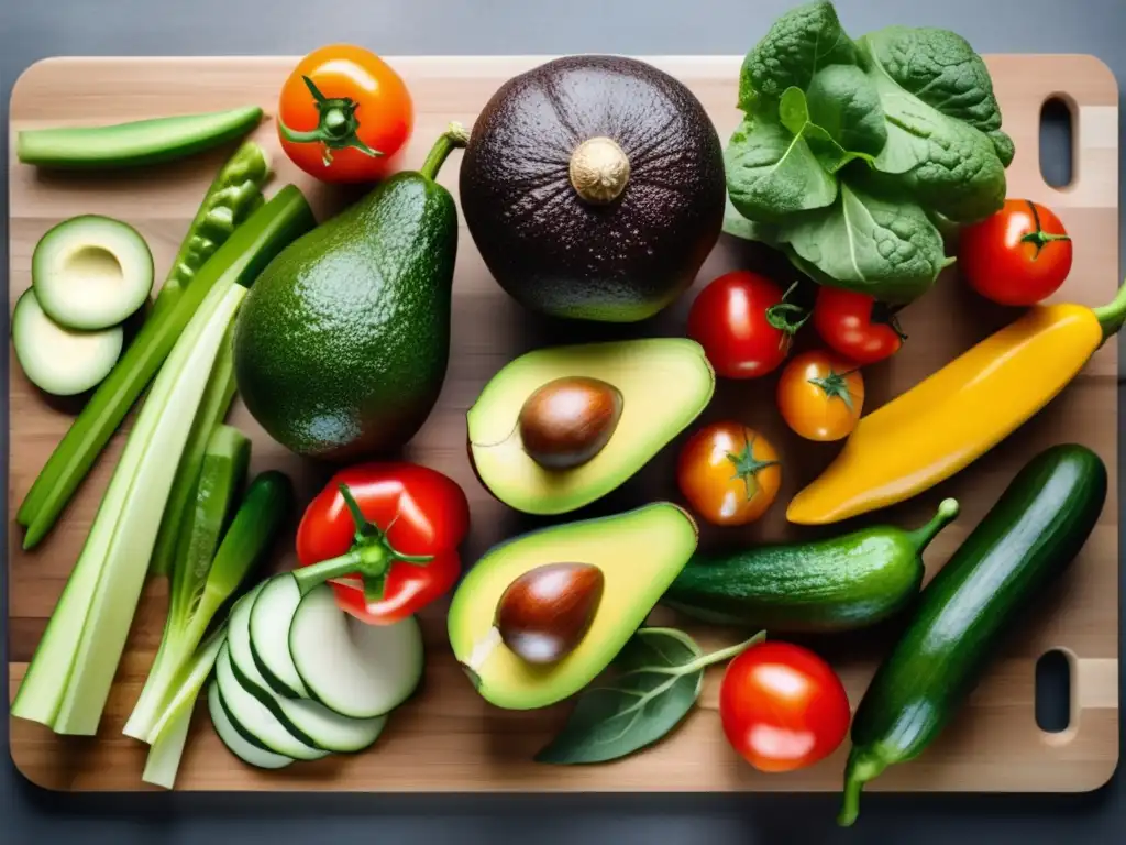 Exuberante variedad de verduras frescas para dieta ketovegetariana Una exquisita variedad de vegetales frescos en una tabla de cortar de madera, resalta la diversidad y la frescura de la dieta cetogénica vegetariana.