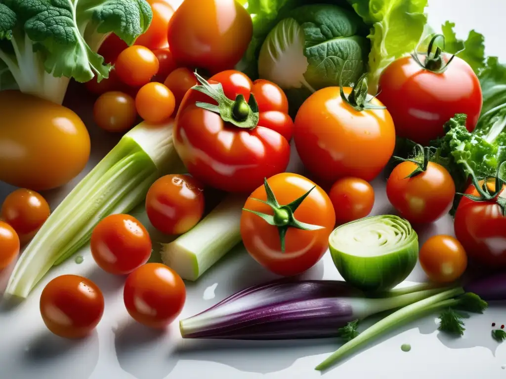 Una exquisita variedad de verduras frescas y orgánicas, brillantes y coloridas, en una encimera blanca moderna. <b>Las gotas de agua realzan su frescura, mientras la iluminación suave crea calidez.</b> <b>Captura la esencia de la nutrición saludable y la prevención genética de enfermed